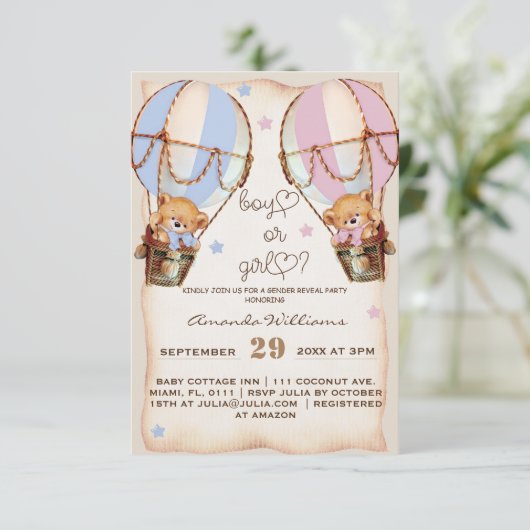 Rustikaler Junge oder Mädchen rosa blaue Bärengesc Einladung (Stehend Vorderseite)