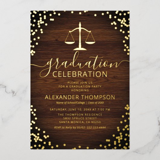 Rustikaler Jurastudium Abschluss Real Gold Folieneinladung (Vorderseite)