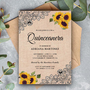 Rustikaler Jute-Schwarz-Spitzen-Sonnenblumen-Quinc Einladung