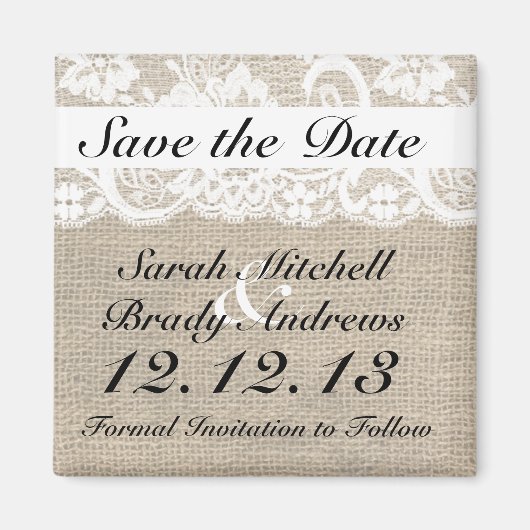 Rustikaler Jute-Spitze-Weißer Save the Date Magnet (Vorne)