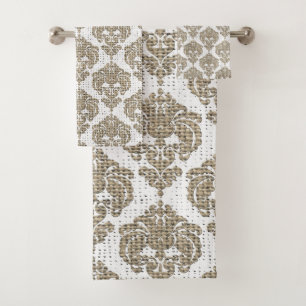 Rustikaler Jute & Weiß Royal Glam Damast Badhandtuch Set