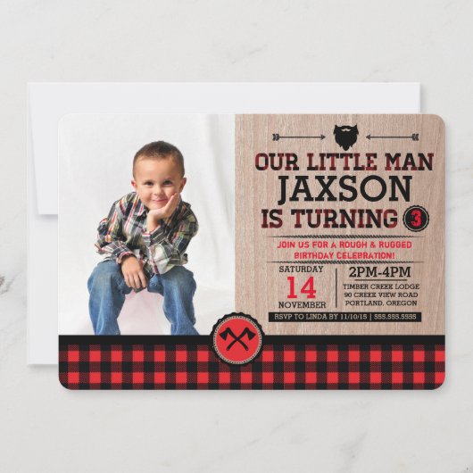Rustikaler Kariert Lumberjack Kindergeburtstag mit Einladung (Vorderseite)