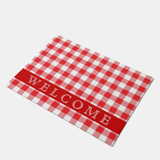 Rustikaler Karierter Empfang in Rot und Weiß Fußmatte (Schrägansicht)