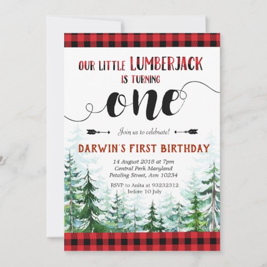 Rustikaler Karierter Junge Einladung zum ersten Ge (Vorderseite)