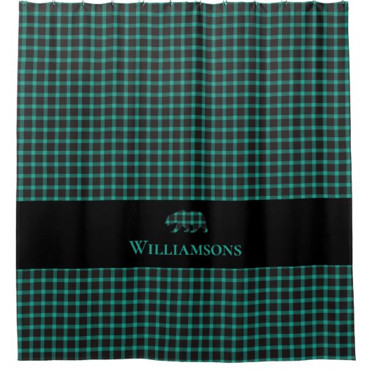 Rustikaler Karierter Monogramm-Bär | Aquamarines g Duschvorhang (Vorderseite)