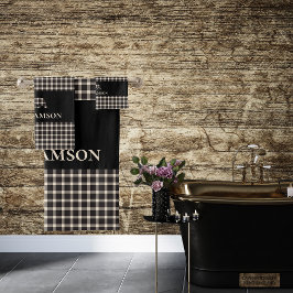 Rustikaler Karierter Monogramm-Bär | Black Cream W Badhandtuch Set