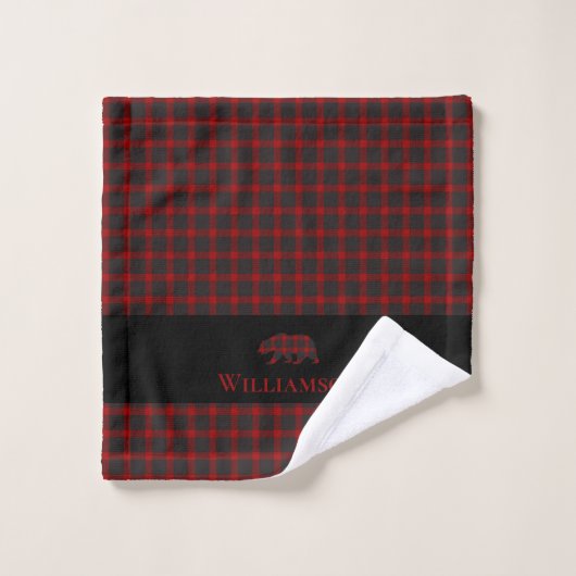 Rustikaler Karierter Monogramm-Bär | Buffalo Red B Badhandtuch Set (Waschlappen)