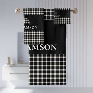 Rustikaler Karierter Monogramm-Bär SCHWARZ-WEISS Badhandtuch Set
