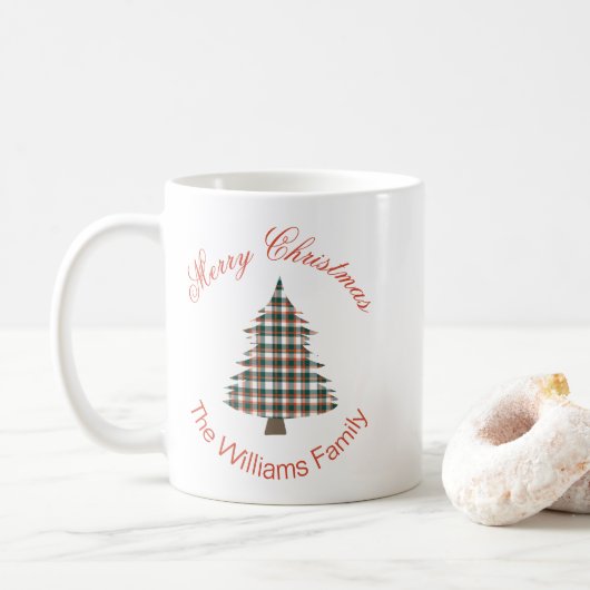 Rustikaler Karierter Weihnachtsbaum Kaffeetasse (Mit Donut)