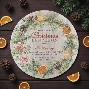 Rustikaler Kiefernrosen-Kranz Weihnachts-Lunch-Ein Einladung