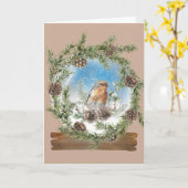 Rustikaler Kiefernwald und Vogelschneeglobe Weihna Karte (Gelbe Blume)