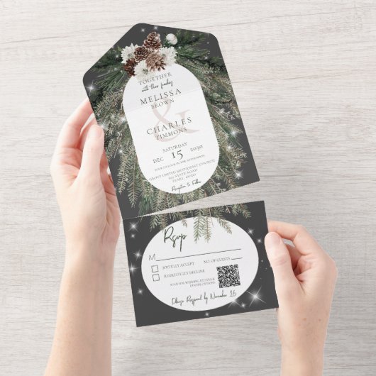 Rustikaler Kohlenkiefer-Wintersparkle QR-Code All In One Einladung (Abreißen)