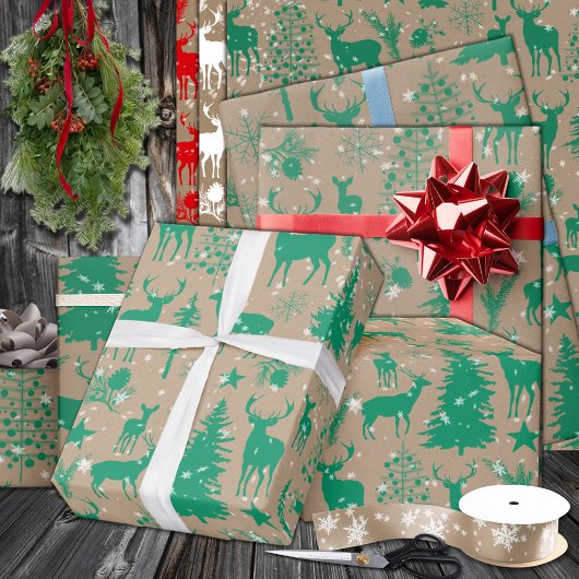 Rustikaler Kraft Grünwaldwald Rentier Geschenkpapier