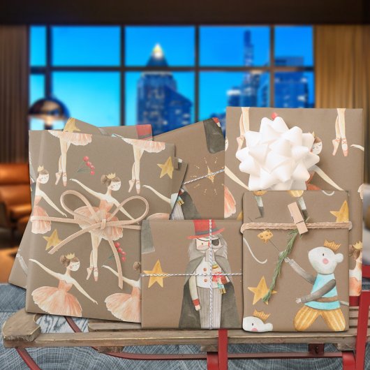 Rustikaler Kraft Nutcracker Ballett Weihnachtsfeie Geschenkpapier Set