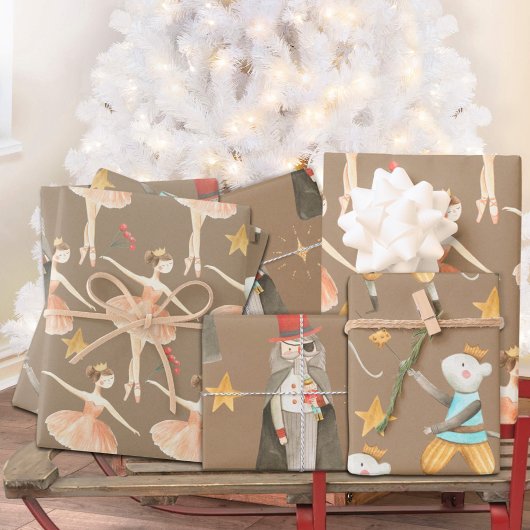 Rustikaler Kraft Nutcracker Ballett Weihnachtsfeie Geschenkpapier Set