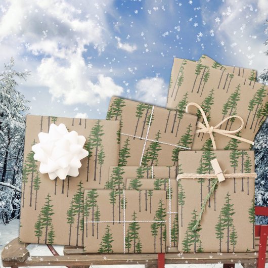 Rustikaler Kraft Östlicher Pinienwald Geschenkpapier Set