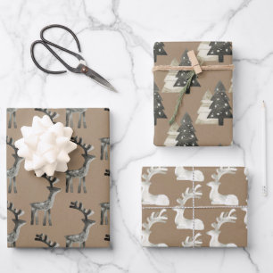 Rustikaler Kraft-Rentierwald Geschenkpapier Set