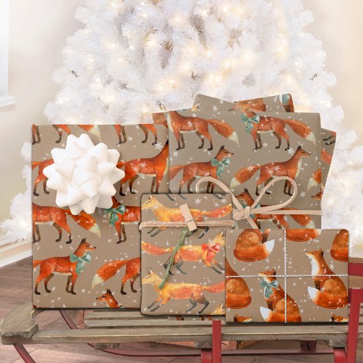 Rustikaler Kraft Roter Fuchs mit Bogen und Schneef Geschenkpapier Set