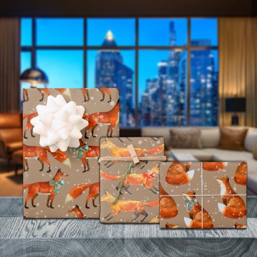 Rustikaler Kraft Roter Fuchs mit Bogen und Schneef Geschenkpapier Set