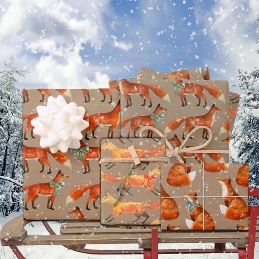 Rustikaler Kraft Roter Fuchs mit Bogen und Schneef Geschenkpapier Set