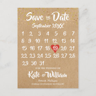Rustikaler Kraft Roter Herz-Kalender Save-the-Date Postkarte