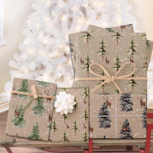 Rustikaler Kraft Winter Woodland Spruce Tree Renti Geschenkpapier Set
