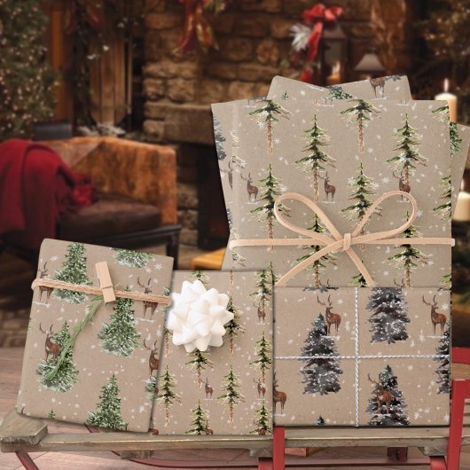 Rustikaler Kraft Winter Woodland Spruce Tree Renti Geschenkpapier Set