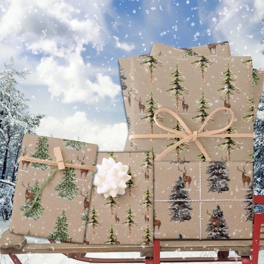 Rustikaler Kraft Winter Woodland Spruce Tree Renti Geschenkpapier Set