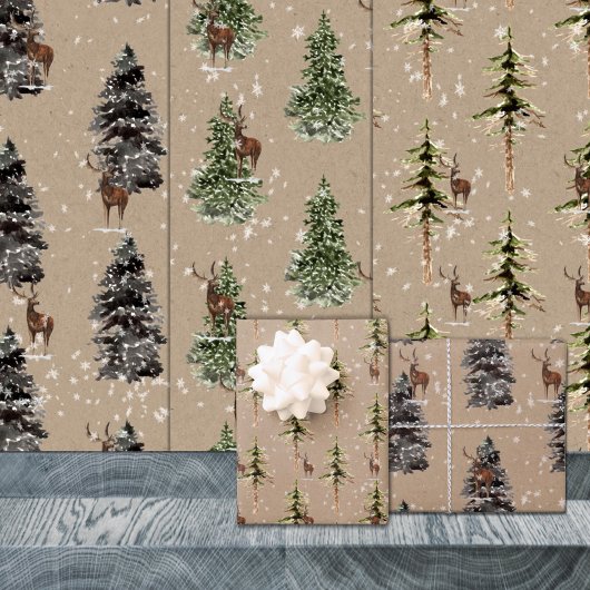 Rustikaler Kraft Winter Woodland Spruce Tree Renti Geschenkpapier Set