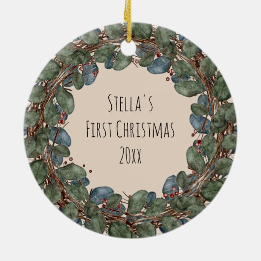 Rustikaler Kranz auf Foto von Holzhunden Keramik Ornament (Hinten)