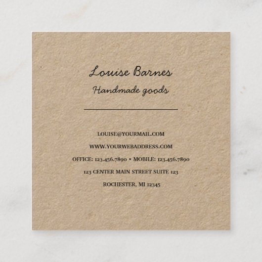 Rustikaler Kranz auf Kraftpapier-Visitenkarte Quadratische Visitenkarte (Rückseite)