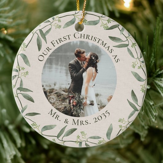 Rustikaler Kranz Erste Weihnachtsfeier als Mr. & M Keramik Ornament