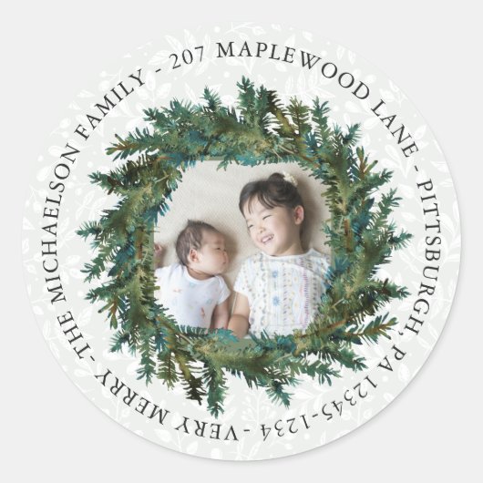 Rustikaler Kranz mit Foto und Rücksendeadresse Runder Aufkleber (Vorderseite)
