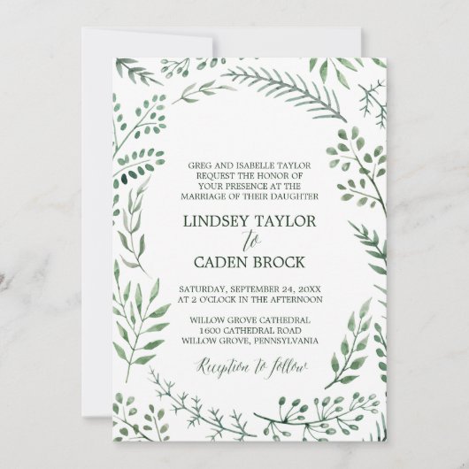 Rustikaler Kranz mit grünen Blätter feierliche Hoc Einladung (Vorderseite)