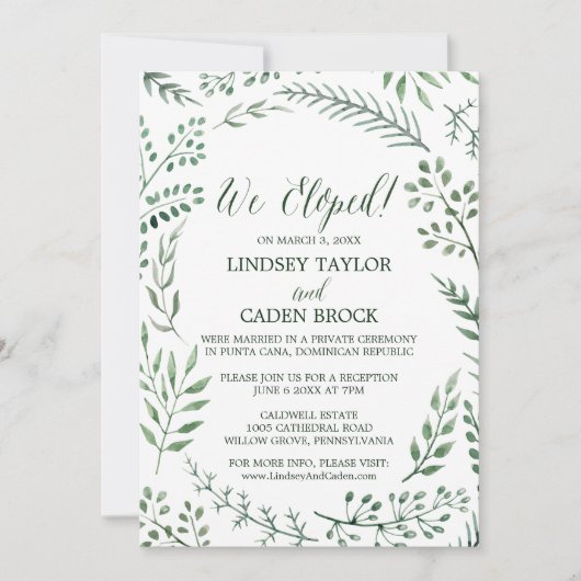 Rustikaler Kranz und grüne Blätter Entfaltung Empf Einladung (Vorderseite)