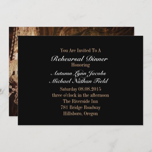 rustikaler Kronleuchter Hochzeit Probe Dinner Einladung (Vorne/Hinten)