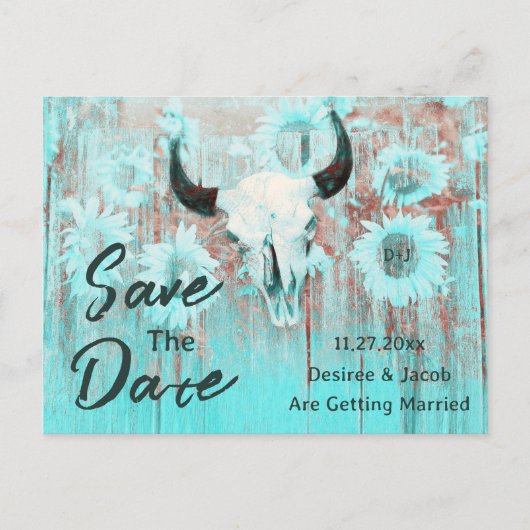 Rustikaler Kuh Skull Boho Aquamariner Western Sonn Ankündigungspostkarte (Vorderseite)