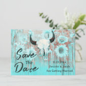 Rustikaler Kuh Skull Boho Aquamariner Western Sonn Save The Date (Stehend Vorderseite)