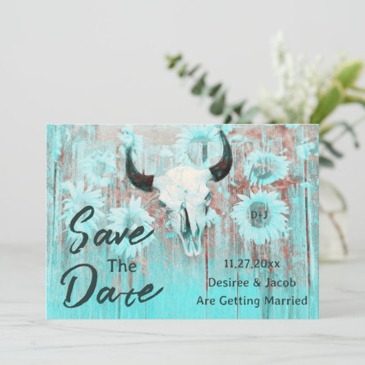 Rustikaler Kuh Skull Boho Aquamariner Western Sonn Save The Date (Stehend Vorderseite)