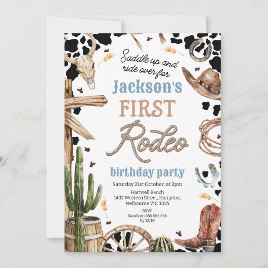 Rustikaler Kuhdruck Western Erste Rodeo 1. Geburts Einladung (Vorderseite)