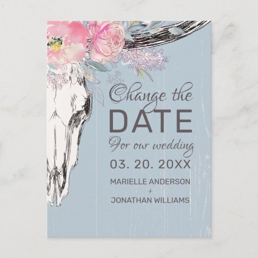 Rustikaler Kuhschädel Rosa Blüte Änderung Datum Ankündigungspostkarte (Vorderseite)