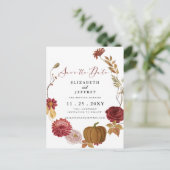 Rustikaler Kürbisherbst Save the Date Ankündigungspostkarte (Stehend Vorderseite)