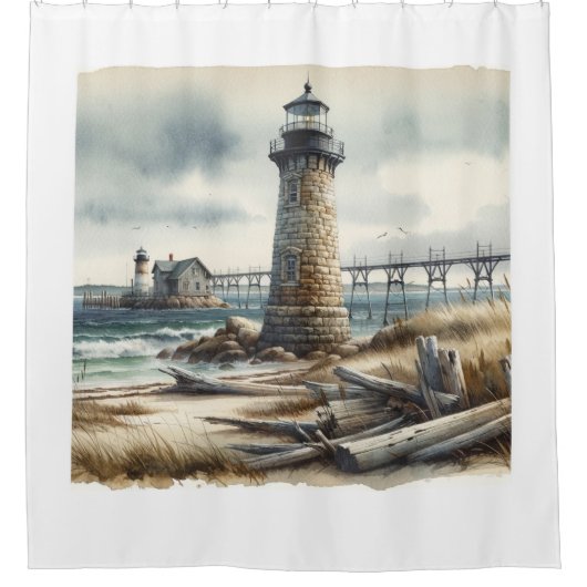 Rustikaler KüstenLeuchtturm Strand Duschvorhang (Vorderseite)