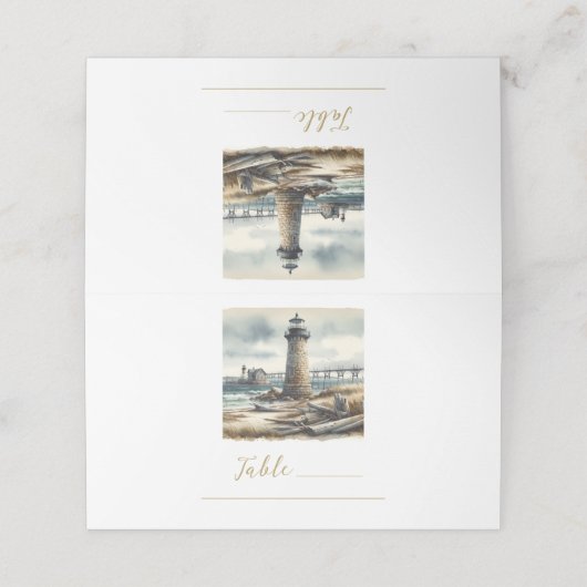 Rustikaler KüstenLeuchtturm Strandtisch Platzkarte (Außenseite Aufgefaltet)