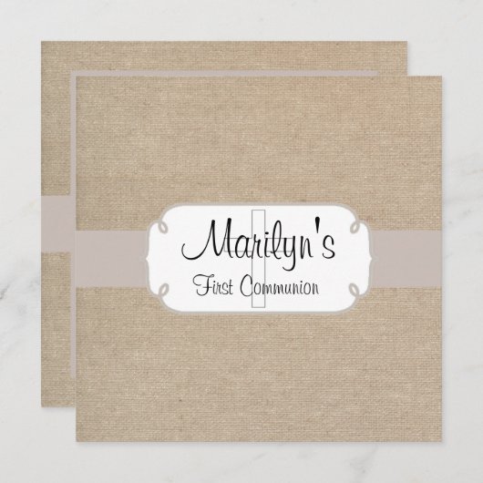 Rustikaler Lachs und Beige Burlap Erste Kommune Einladung (Vorne/Hinten)