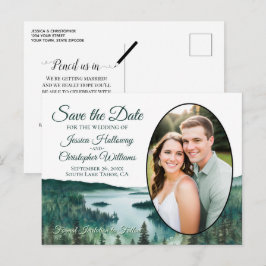 Rustikaler Lake Tahoe Oval-Foto Save the Date Ankündigungspostkarte