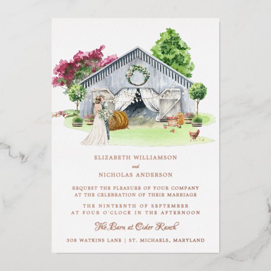 Rustikaler Landbetrieb | Elegant Barn Wedding Folieneinladung (Vorderseite)