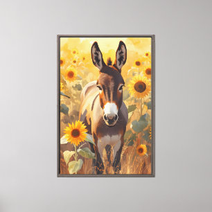 Rustikaler LandesDonkey auf dem Sonnenblumenfeld Leinwanddruck