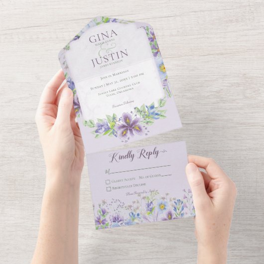 Rustikaler Lavendel & Blume Kein Abendessen All In One Einladung (Abreißen)