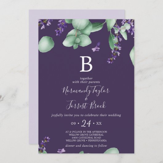 Rustikaler Lavendel | Lila Monogramm-Hochzeit Einladung (Vorne/Hinten)